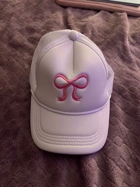 White Mesh Trucker Cap with Pink Bow Embroidery